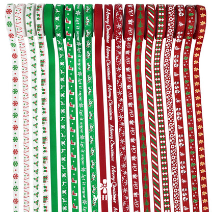 MEEDEE 3/8 inch 100 Yards Assorted Christmas Ribbon - Pack of 20 in Red, Green & White - Mix Grosgrain & Double Face Satin Ribbon for Holiday Décor, Gift Wrapping, Xmas Wreath Bow or Crafting Project