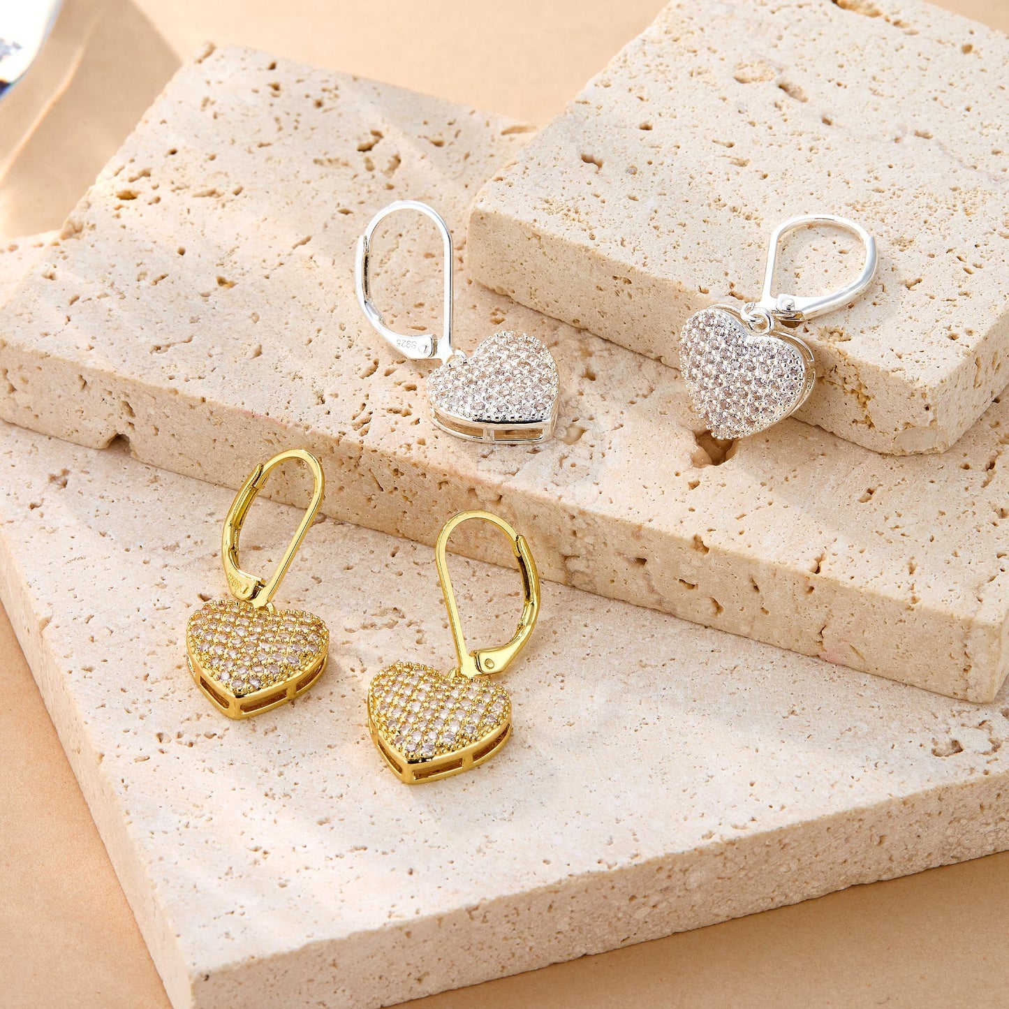 Gold Heart Earrings, ALEXCRAFT 14K Goldplated Heart Dangle Leverback Earrings for Women Trendy Hypoallergenic Sterling Silver Leverback Earings Gold Cubic Zirconia Dangling Drop Earrings for Women