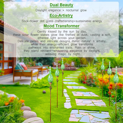 Garden Solar Lights, Green Flame Solar Lights Outdoor - Hand Blown Glass Decorative Garden Pathway Lights Outdoor Waterproof Flame Glass Stakes