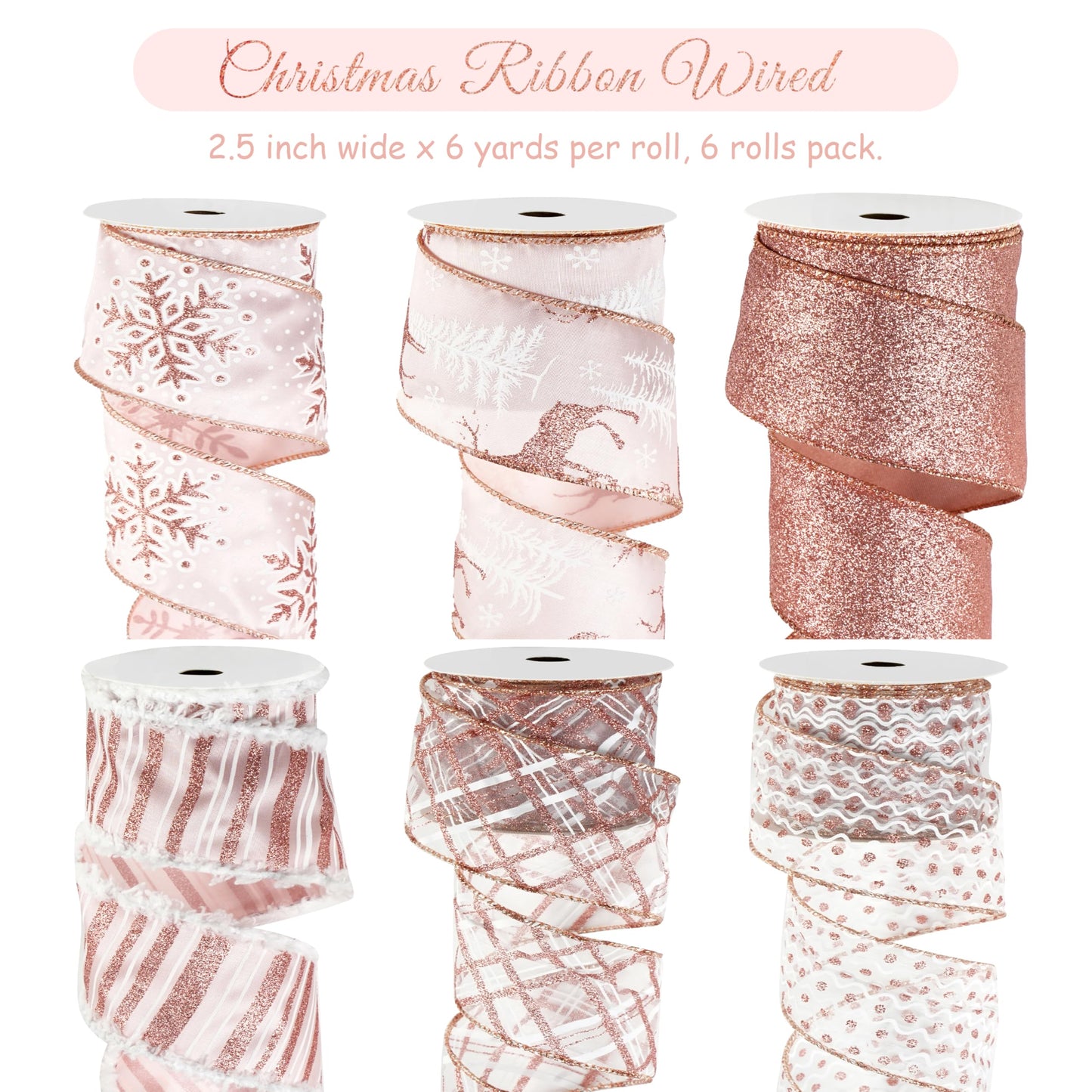 DINDOSAL Rose Gold Christmas Ribbon Wired 2.5" Pink Christmas Tree Ribbon Garland Rose Gold Glitter Wired Ribbon for Crafts, Wreaths, Topper Bows, Gift Wrapping, Home Decor (6 Rolls 36 Yards)