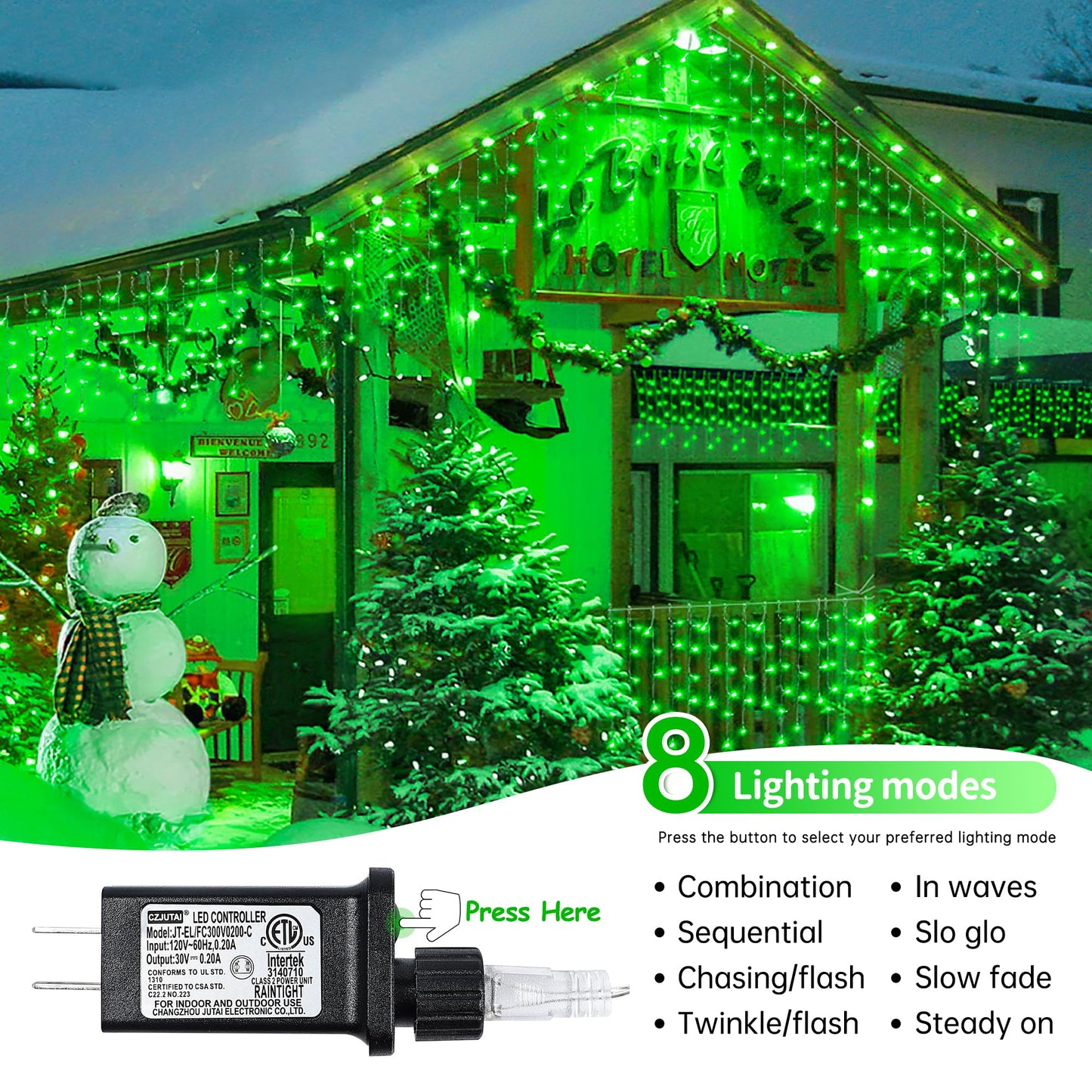 oopswow 33FT 300 LED Icicle Christmas Lights,Waterproof 8 Modes Plug in Curtain Lights with 50 Drops,Green Christmas String Lights for Indoor&Outdoor,Wedding,Party,Bedroom,Home,Wall Decorations