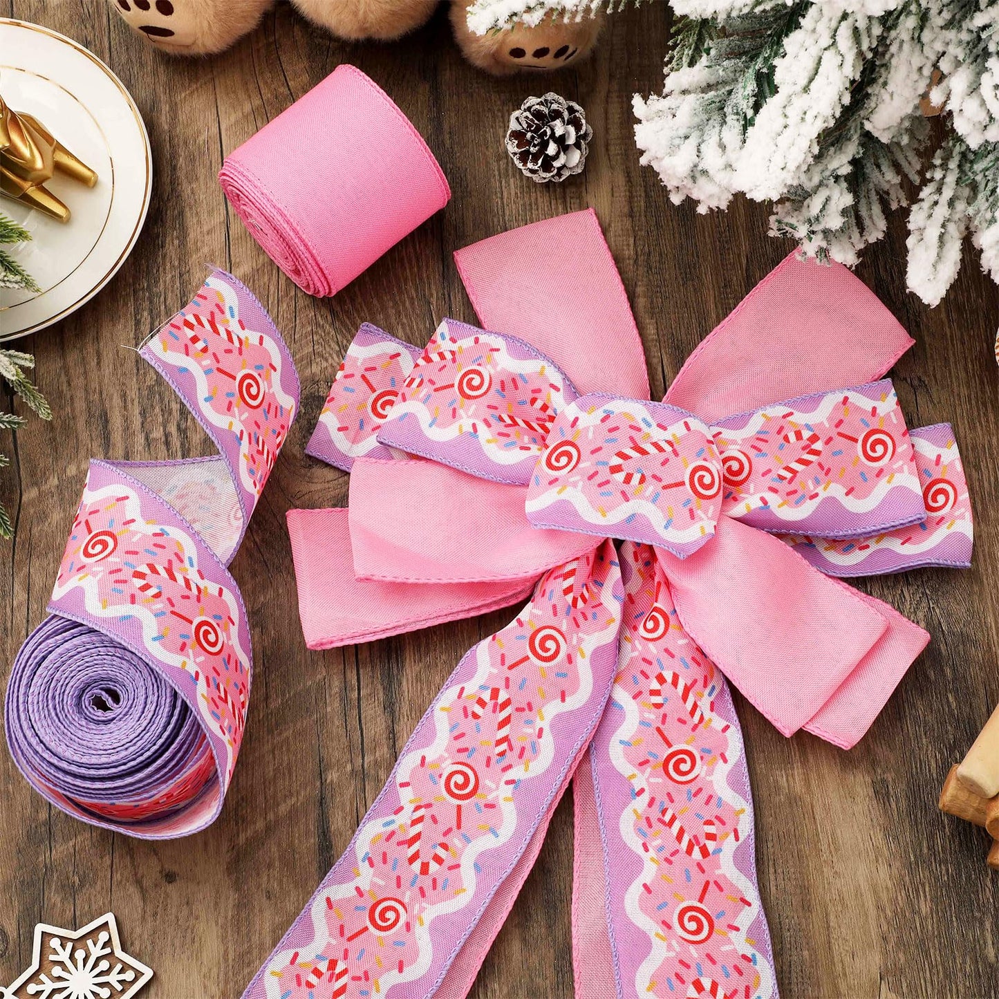 JarThenaAMCS Christmas Wired Edge Ribbon Pink Purple Candy Cane Fabric Craft Ribbon for Wreath Bow Making DIY Crafts Wrapping, 2 Roll, 20 Yards