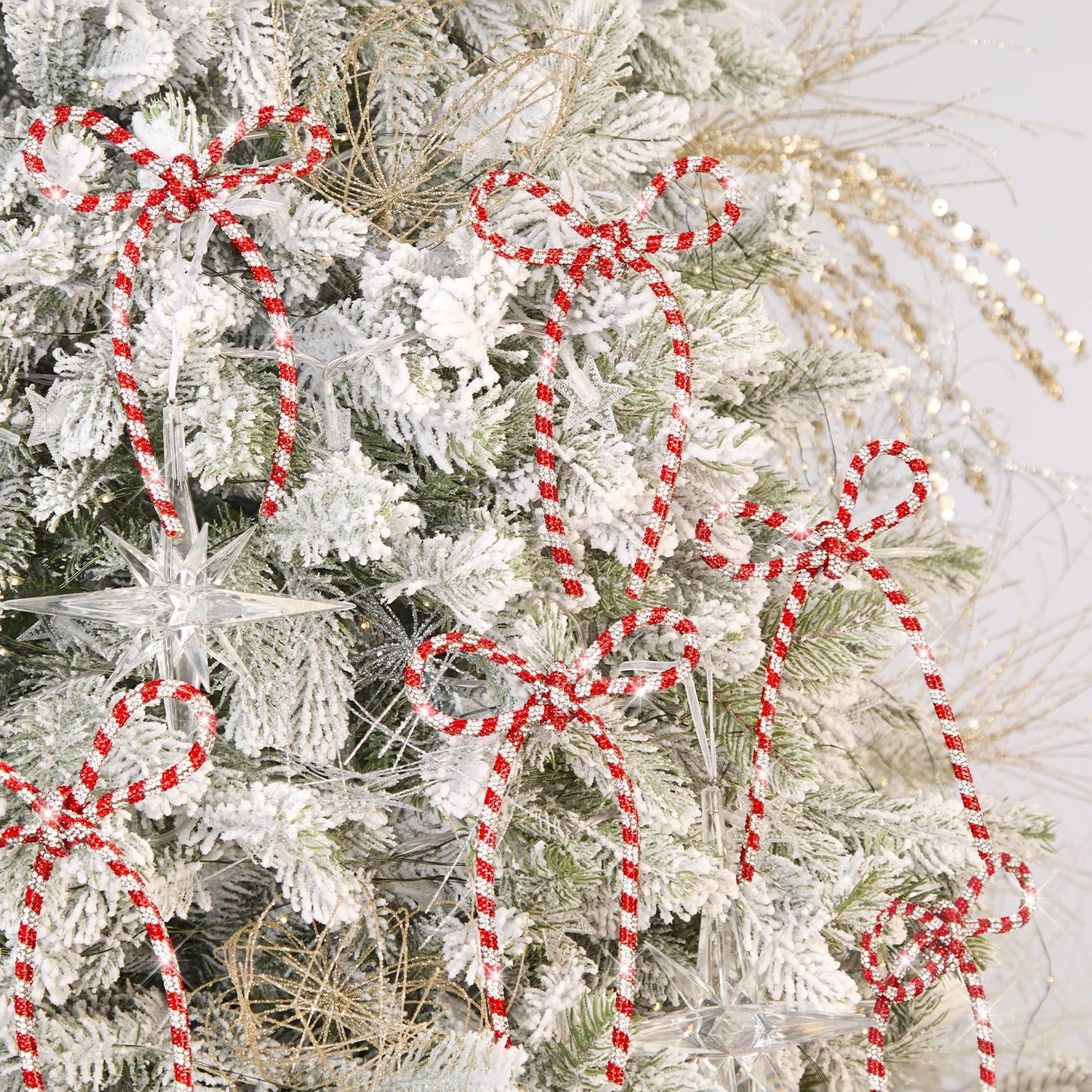 FLAIR GIFTS 6 Pcs 4.3" x 6" 2026 Christmas Bows for Tree Decor, Candy Cane Sparkly Glitter Rhinestone Bow Ornaments with Twist Tie for Xmas Decoration, Wreath, Garland, Gift Wrapping