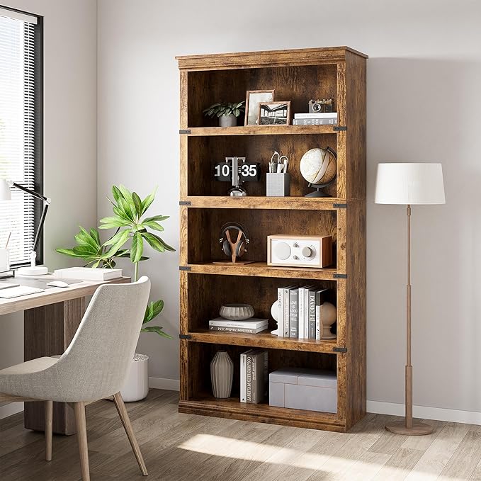 GarveeHome 5 Tier Farmhouse Bookcase, 67.4" Tall Book Shelf