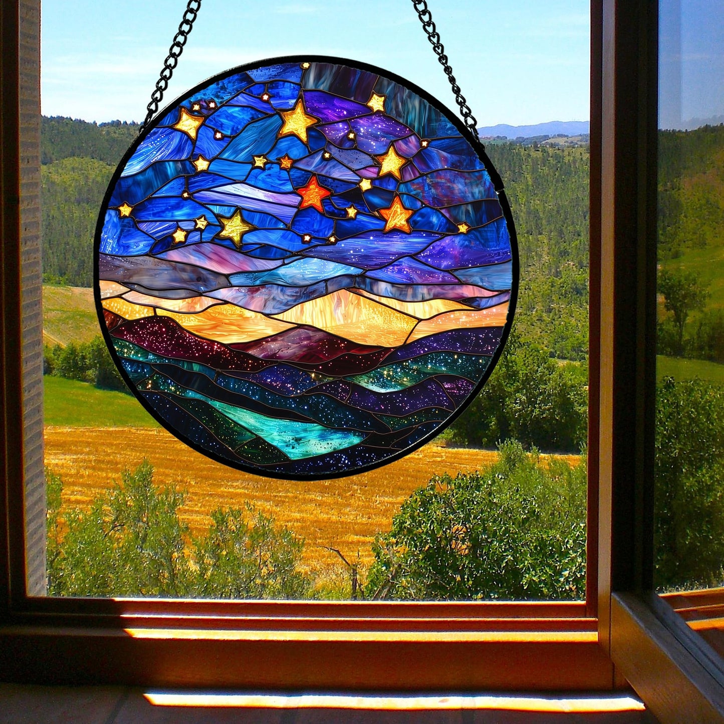 JOSUMALY Stained Glass Window Hanging, Blue Sky Gold Stars Abstract Landscape Suncatcher for Doors Window Home Sun Catchers Decor Mother's Day Birthday Gifts for Women, Men Mom 11.8 in