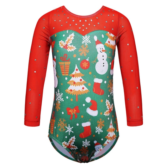 TFJH E 3/4 Sleeve Gymnastic Leotard Girls Ballet Dancewear Practice Clothes Tumbling Wear Red Christmas 4A