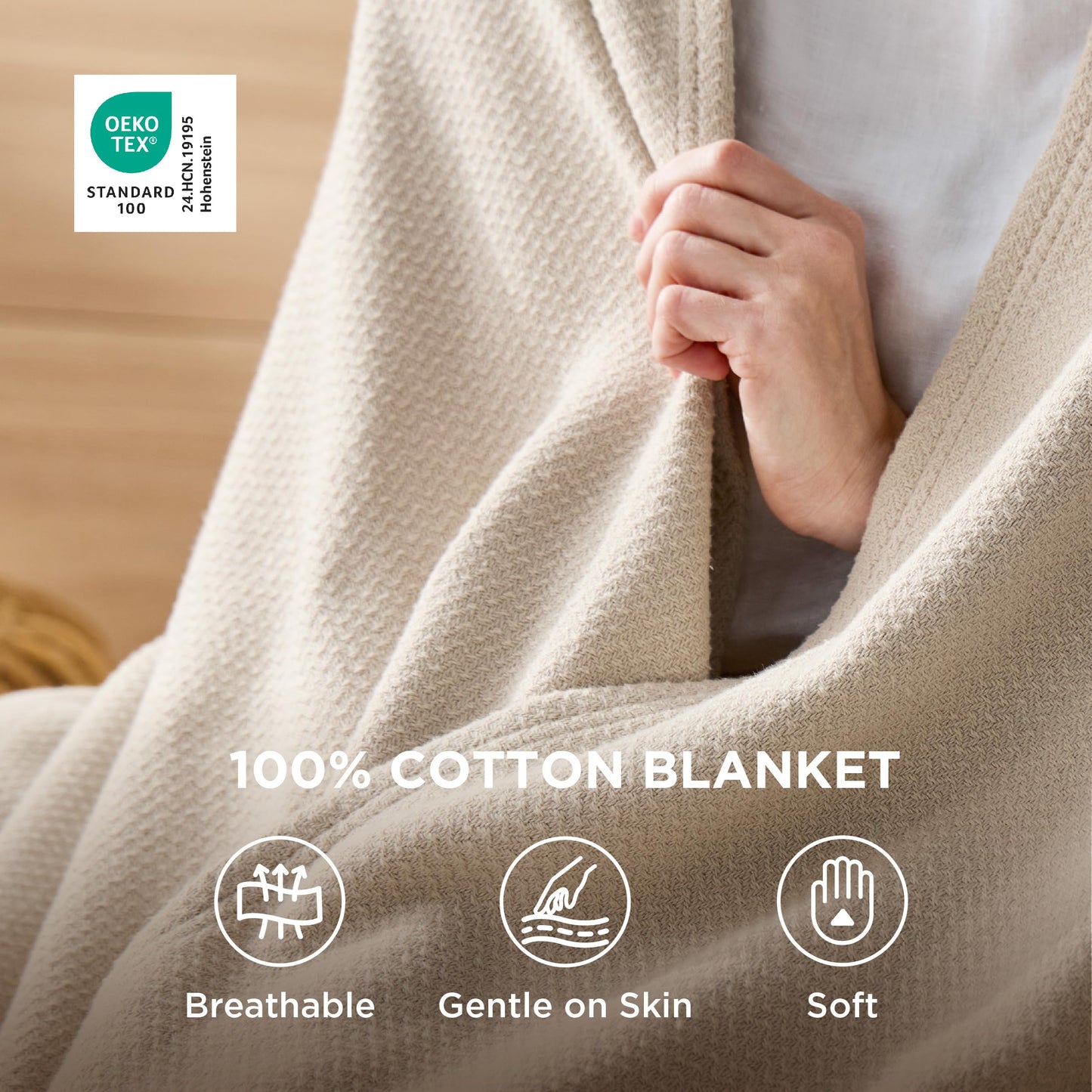 Bedsure GentleSoft 100% Cotton Blanket King Size for Bed - Cooling Breathable and Lightweight, Soft Cozy Textured Herringbone Woven Blanket for Summer, Linen Beige, 108x90 inches