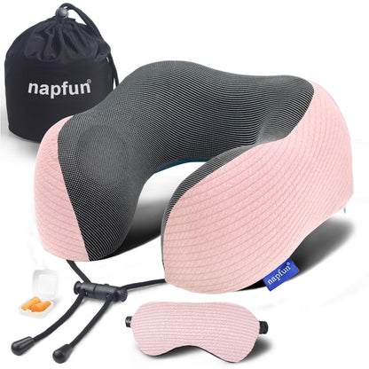 napfun Neck Pillow for Traveling, Upgraded Travel Neck Pillow for Airplane 100% Pure Memory Foam Travel Pillow for Flight Headrest Sleep, Portable Plane Accessories, Light Grey