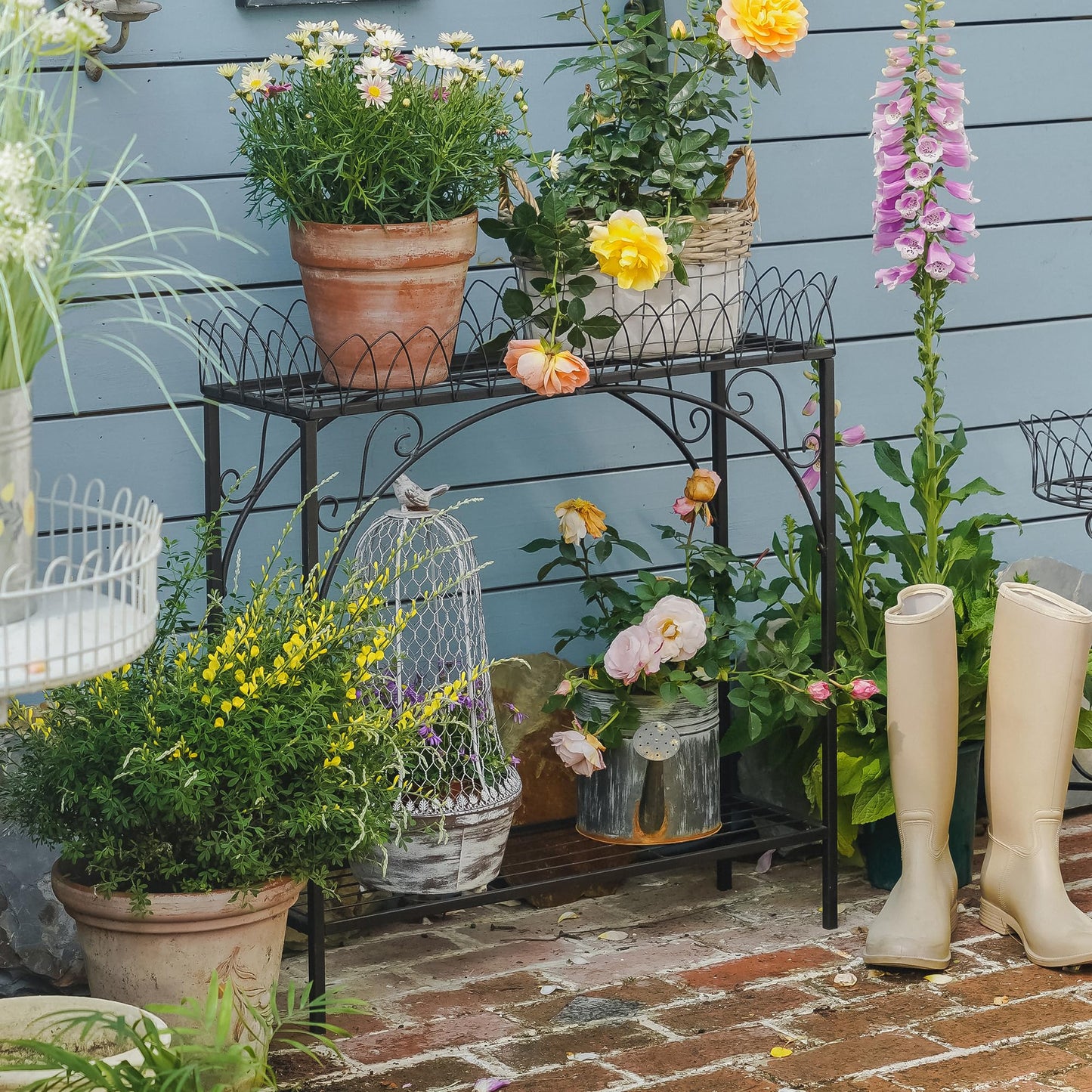 Black Long Double-Layer Plant Shelf, French Courtyard Style Metal Stand for Tall Potted Plants, Sturdy Indoor Outdoor Planter Holder Garden Decor