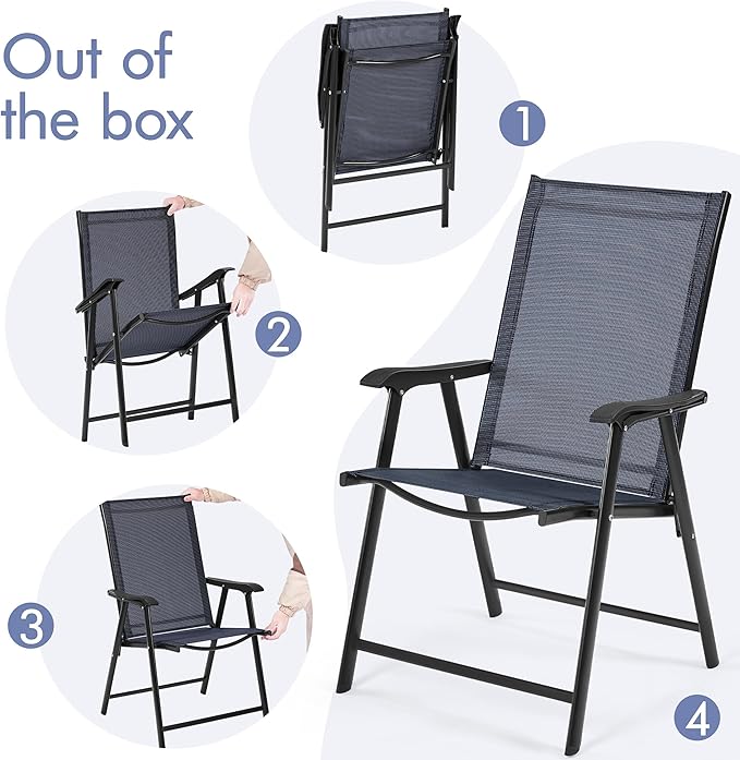 Yaheetech Patio Dining Chairs Set of 2, Portable Dining Chairs with Armrests for Camping, Lawn and Beach, Folding Patio Chairs 2-Pack of Metal Frame, Navy Blue