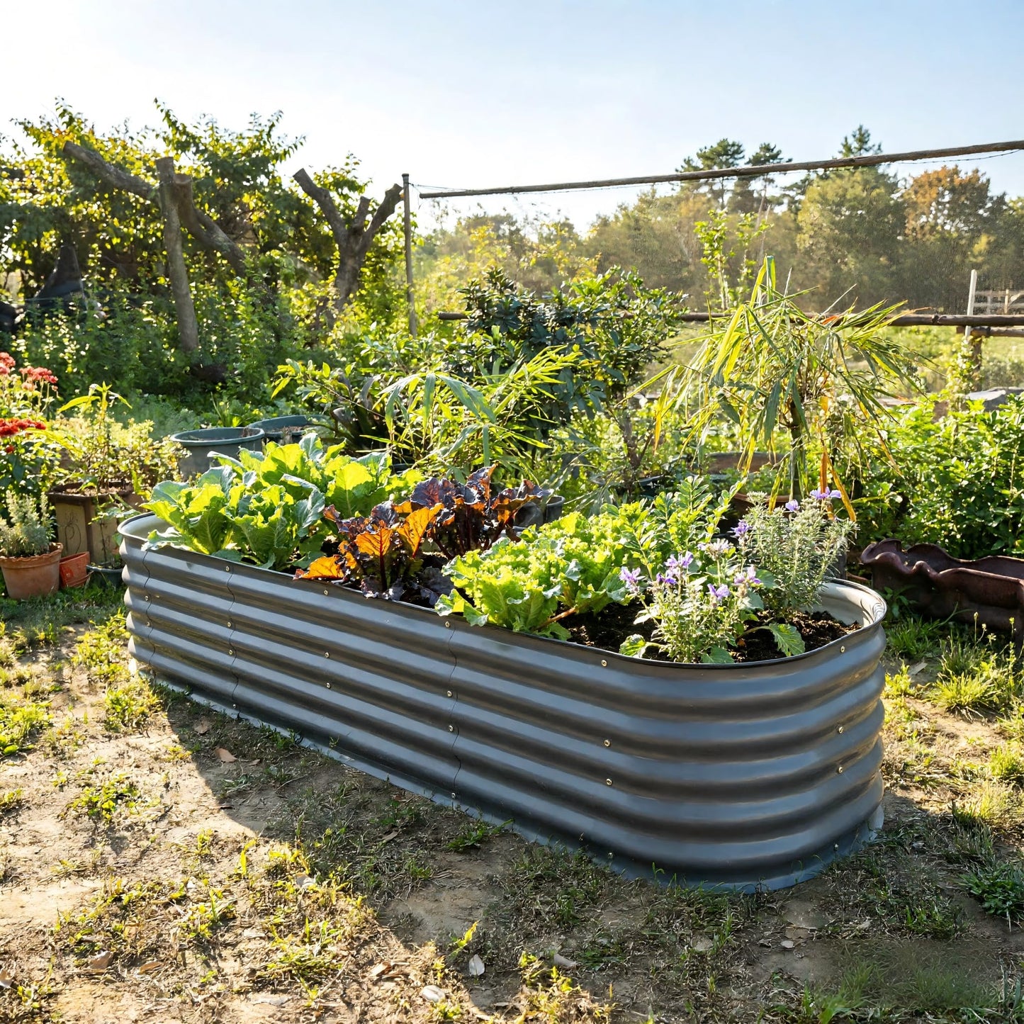 FarmGeo Raised Garden Bed Kit 8 x 2 x 1.4 ft, 9-in-1 Modular Metal Raised Garden Bed Outdoor, Powder-Coated Galvanized Planter Box for Vegetables, Herbs and Flowers （Gray）