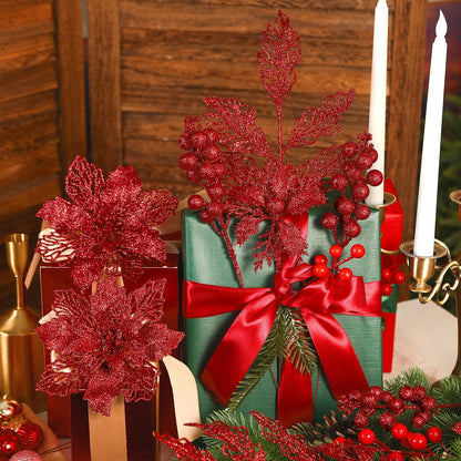 Alupssuc 24 PCS Christmas Tree Decorations, 12 PCS Poinsettia Flowers Artificial+6 PCS Glitter Holly Berry Stems+6 Berry Leaves Christmas Tree Picks for Party Wreath Fireplace, Red