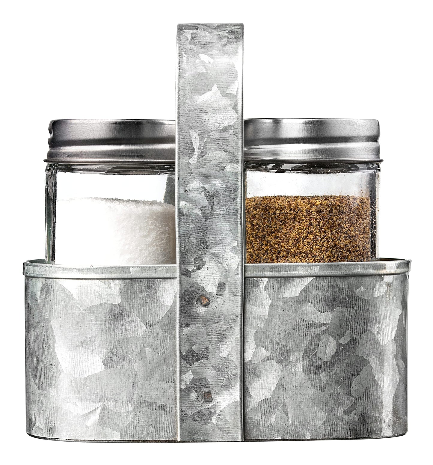 Royalty Art Farmhouse Salt and Pepper Holder with Carry Handle, Rustic Home Decor for Kitchen Counter, Picnic Table, BBQ, and Camping, Silver Galvanized Steel