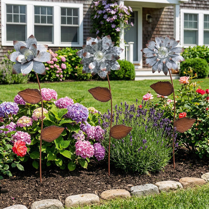Topadorn 3-Pack Glow-in-the-Dark Metal Flower Garden Stakes, 14" Weatherproof Outdoor Plant Picks, Rustic Yard Art for Lawn & Patio