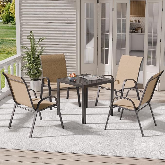 Patio Chairs Set of 4, Outdoor Dining Chairs Stackable for All Weather, Breathable Metal Modern Outside Furniture Chair for Pool Side, Garden, Backyard Deck, Brown