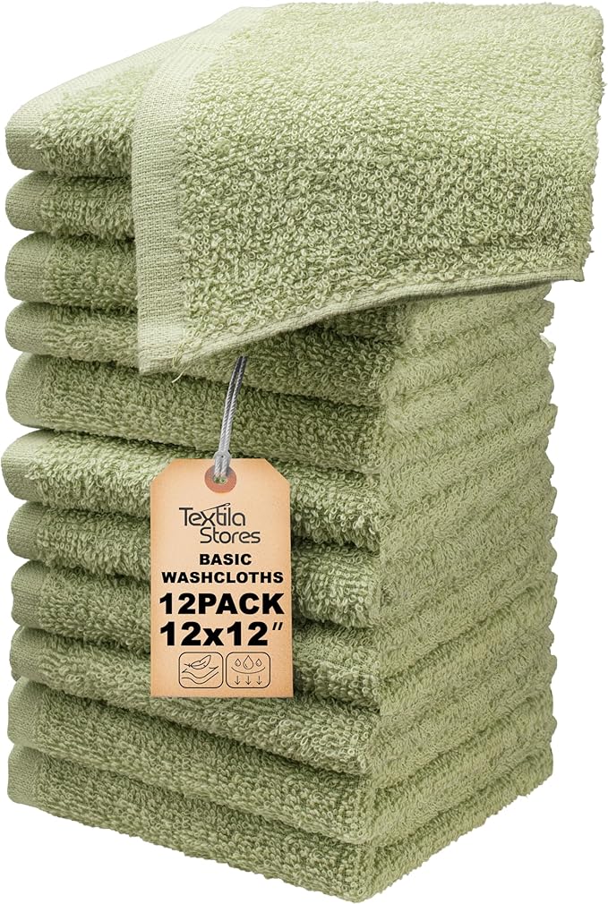 Basic Wash Cloths 12x12 Inches – Pack of 12 – Sage Green Color – Soft and