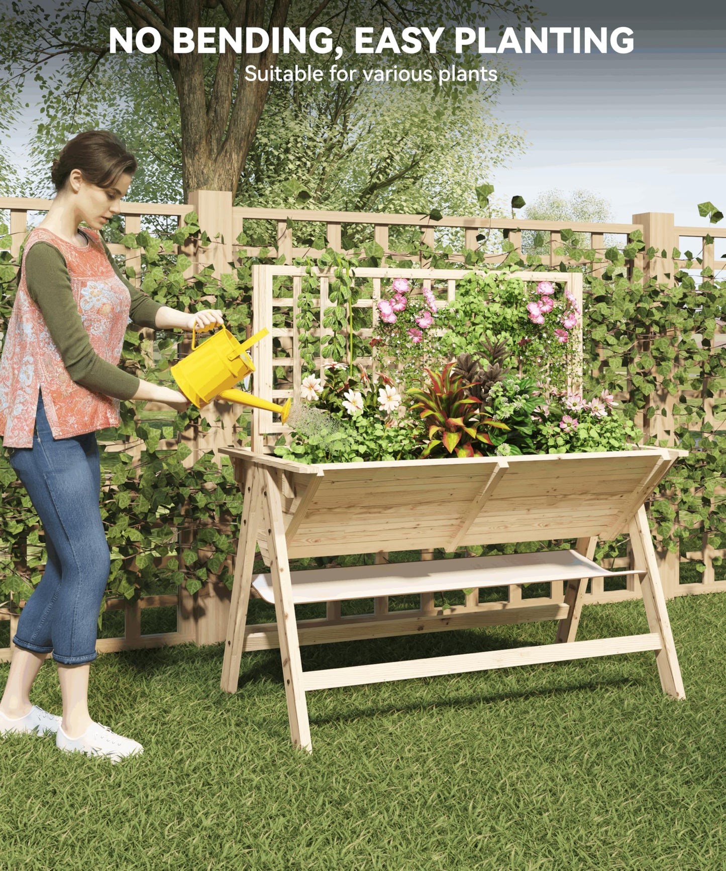 GarveeLife 52x30x54 Inch Tall Elevated Garden Bed with Legs, Standing Raised Planter Box with Climbing Trellis for Vegetables Flowers Herbs, Outdoor Wooden Standing Garden Bed-Natural