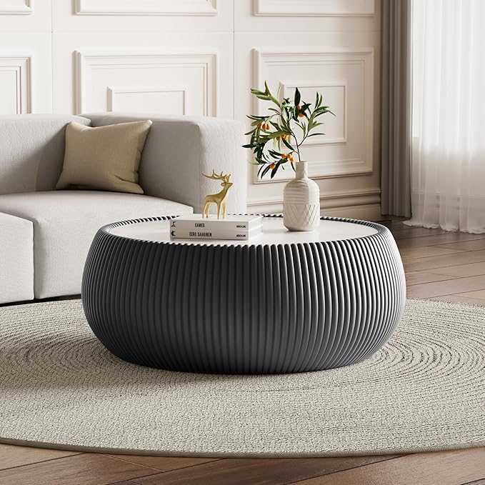 27.55" Round Marble Coffee Table, Modern Fluted Coffee Table
