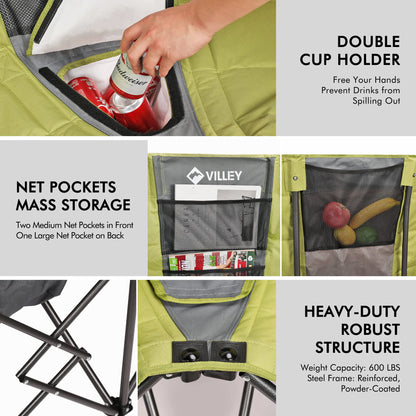 VILLEY Double Camping Chair w/Cooler Bag, Extra Wide Loveseat, Heavy Duty Padded Camping Couch, Portable Folding Chair w/Carry Bag Steel Frame Cup Holders for Camp Lawn Picnic Sports, Support 600LBS