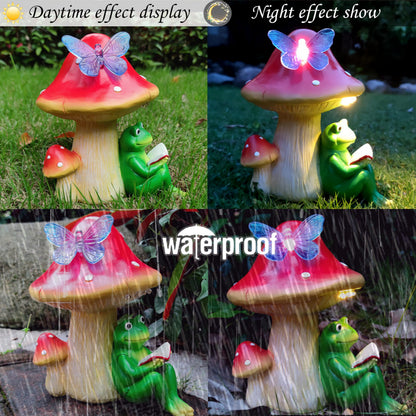 RCTTICUU Solar Frog Mushroom Garden Statues,Statuettes of Resin Frog Mushroom Reading a Book Figurine with LED Solar Lights, Lawn Decor Outdoor Statue for Patio,Balcony,Yard,Lawn Ornament
