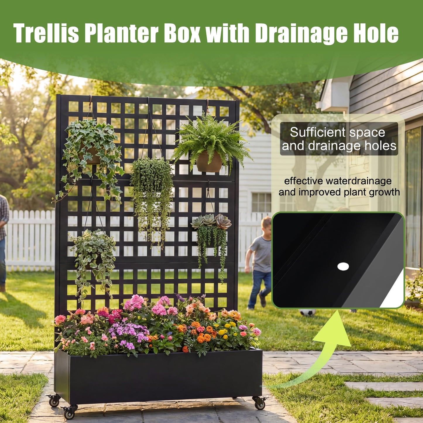JIJIWANG 73" H Metal Raised Garden Bed with Trellis and Wheels, 73"x47"x16" Planter Box for Climbing Plants, Vegetables & Vines, Features Privacy Screen and Drainage Holes Black