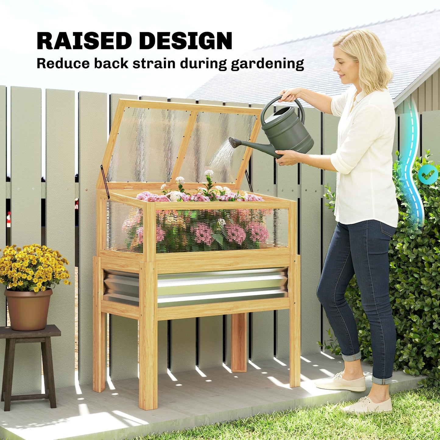 Outsunny Wooden Raised Garden Bed with Flip-Up Greenhouse Top, Raised Garden Bed with Legs and Bed Liner, Elevated Planter Box for Flowers, Vegetables, Herbs, Natural