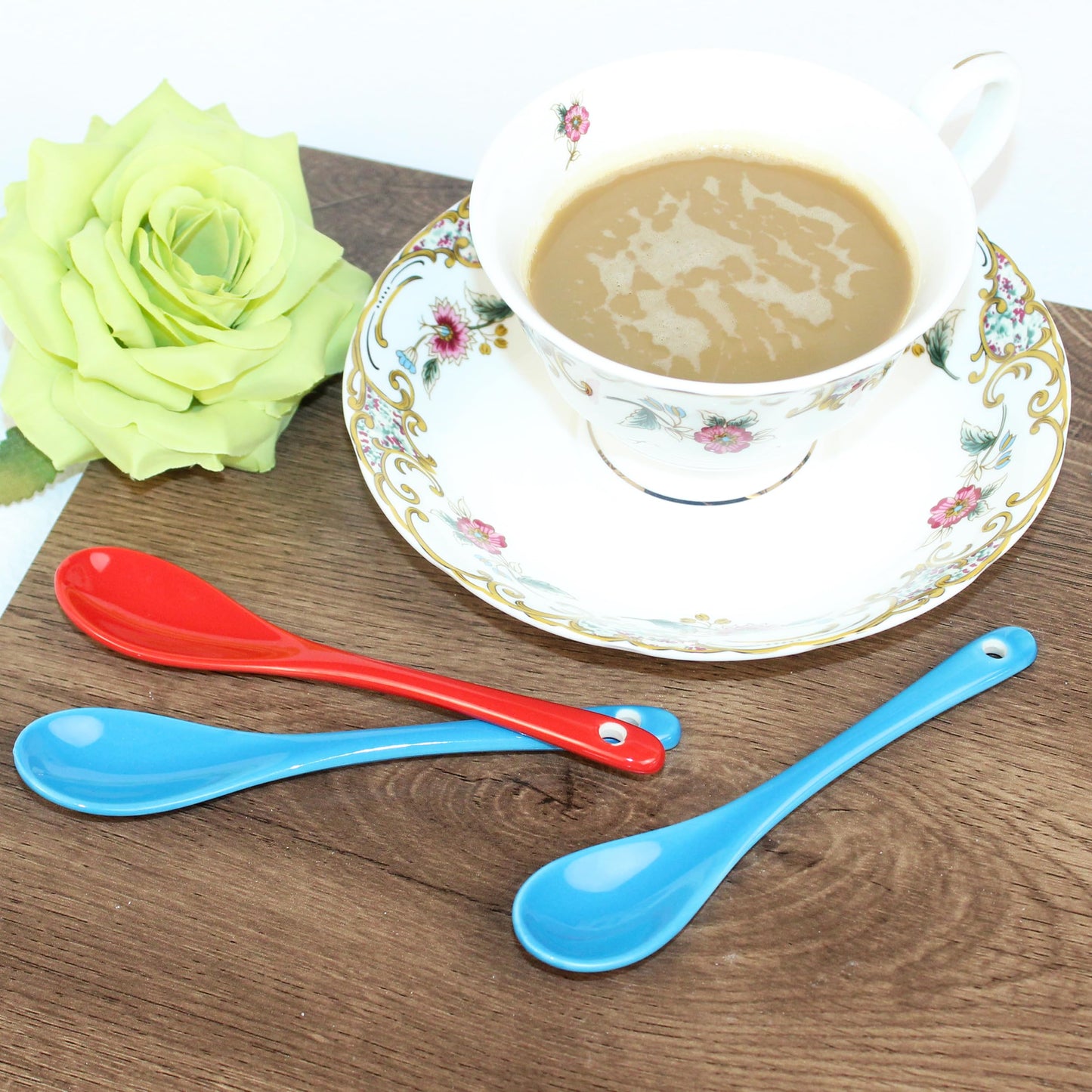 PTORIZNY Demitasse Espresso Spoons, 4pcs Small Coffee Spoons Set, 5 inch Mini Ceramic Teaspoon, Glass Spoon, Porcelain Spoon for Dessert Coffee Tea Yogurt Sauce Sugar Salt and Appetizer (Red and Blue)