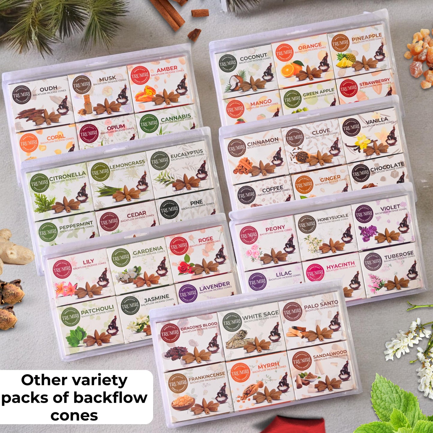 Woody - Backflow Incense Cones for Waterfall - Scented Inscents-Cones - Sandalwood, Dragons Blood, Palo Santo, White Sage - Insiensos Aromaticos - 6x10=60 Large Variety Pack - Back Flow Down Reverse