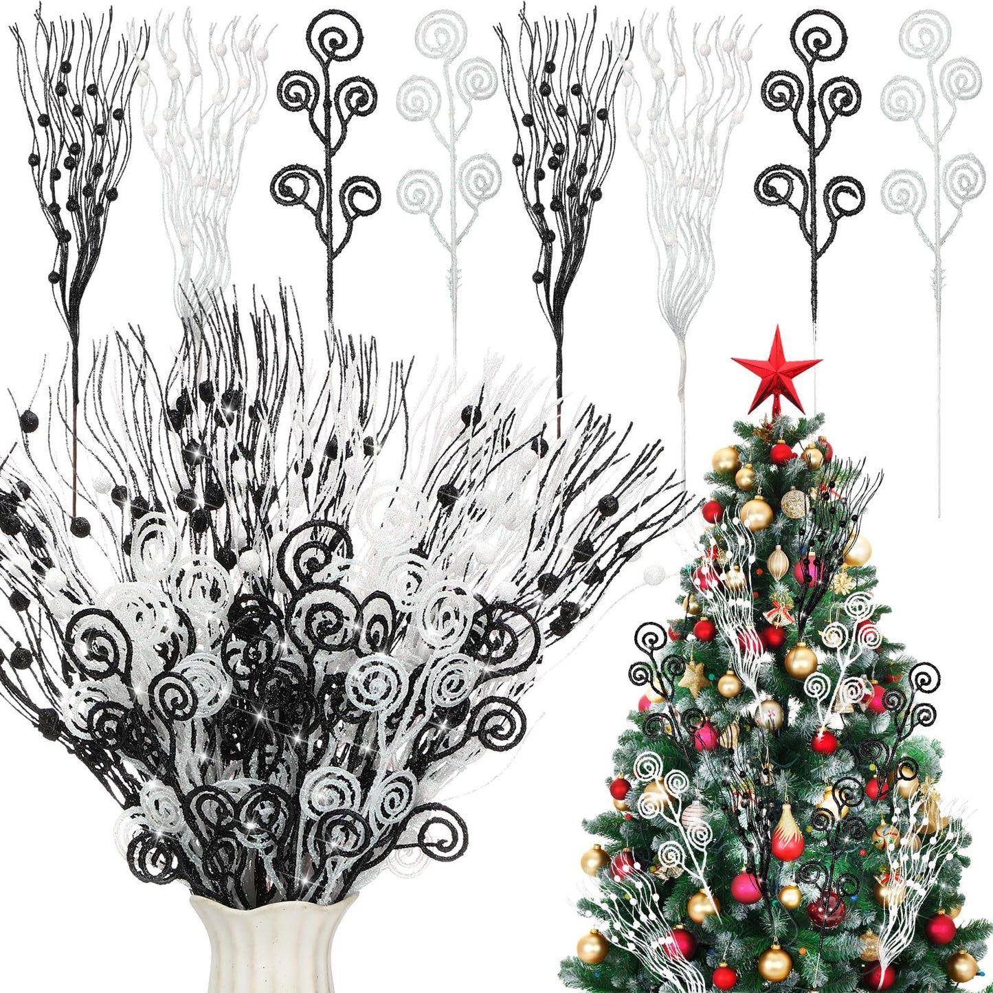 Daifunli 36 Pcs Black White Christmas Tree Picks and Sprays Ornaments 17'' 12'' Artificial Glitter Christmas Berry Stem Stick Branches Tree Filler Topper for Xmas Wreath Vase Home Decoration