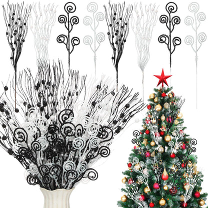 Daifunli 36 Pcs Black White Christmas Tree Picks and Sprays Ornaments 17'' 12'' Artificial Glitter Christmas Berry Stem Stick Branches Tree Filler Topper for Xmas Wreath Vase Home Decoration