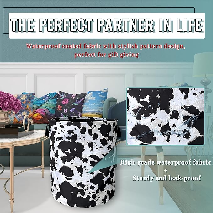 Retro Black White Cows Print Laundry Basket Foldable