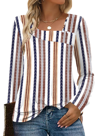 OFEEFAN Long Sleeve Shirts for Women Fall Clothes Asymmetric Square Neck Tunic Tops Decorative Buttons