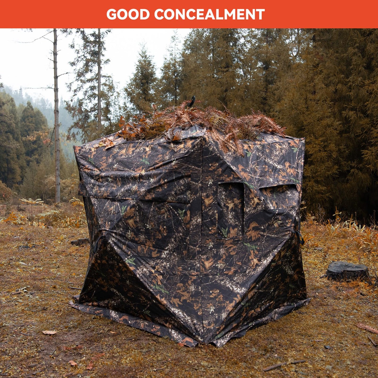 GearOZ Hunting Blind, 270° See Through Ground Blinds Camouflage Waterproof Pop-up Tent for Deer Turkey Duck Bow Hunting, 2-3 Person Portable Concealed Tent Silent Adjustable Windows with Carrying Bag