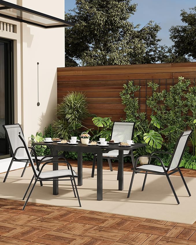 Outdoor Stackable Dining Chairs Set of 4, High-Back Patio Stacking Chairs, Patio Chairs with Textilene Farbic & Metal Frame for Lawn Backyard Deck Garden,Grey