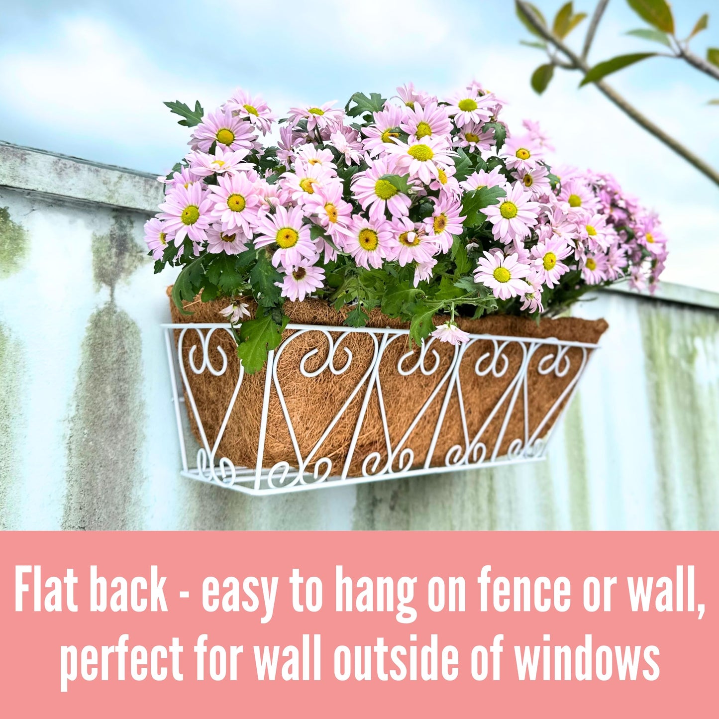 LaLaGreen Wall Hanging Planter - 2 Pack, 16 Inch Deck Railing Planter, Window Flower Boxes Basket Outdoor White Deck Railing Hanging Pot Coco Liner Metal Plant Holder Fence Planter Balcony Patio Porch