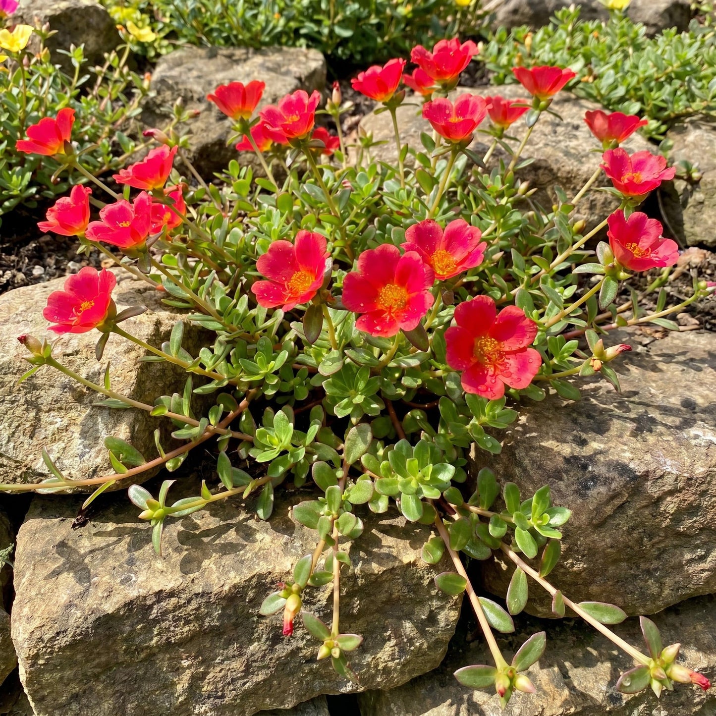 4 Portulaca Plants Live, Moss Rose Flower Plant for Outdoor Garden, Ground Cover Plant for Patio Containers, Borders or Landscape 4-7 Inches (Red)