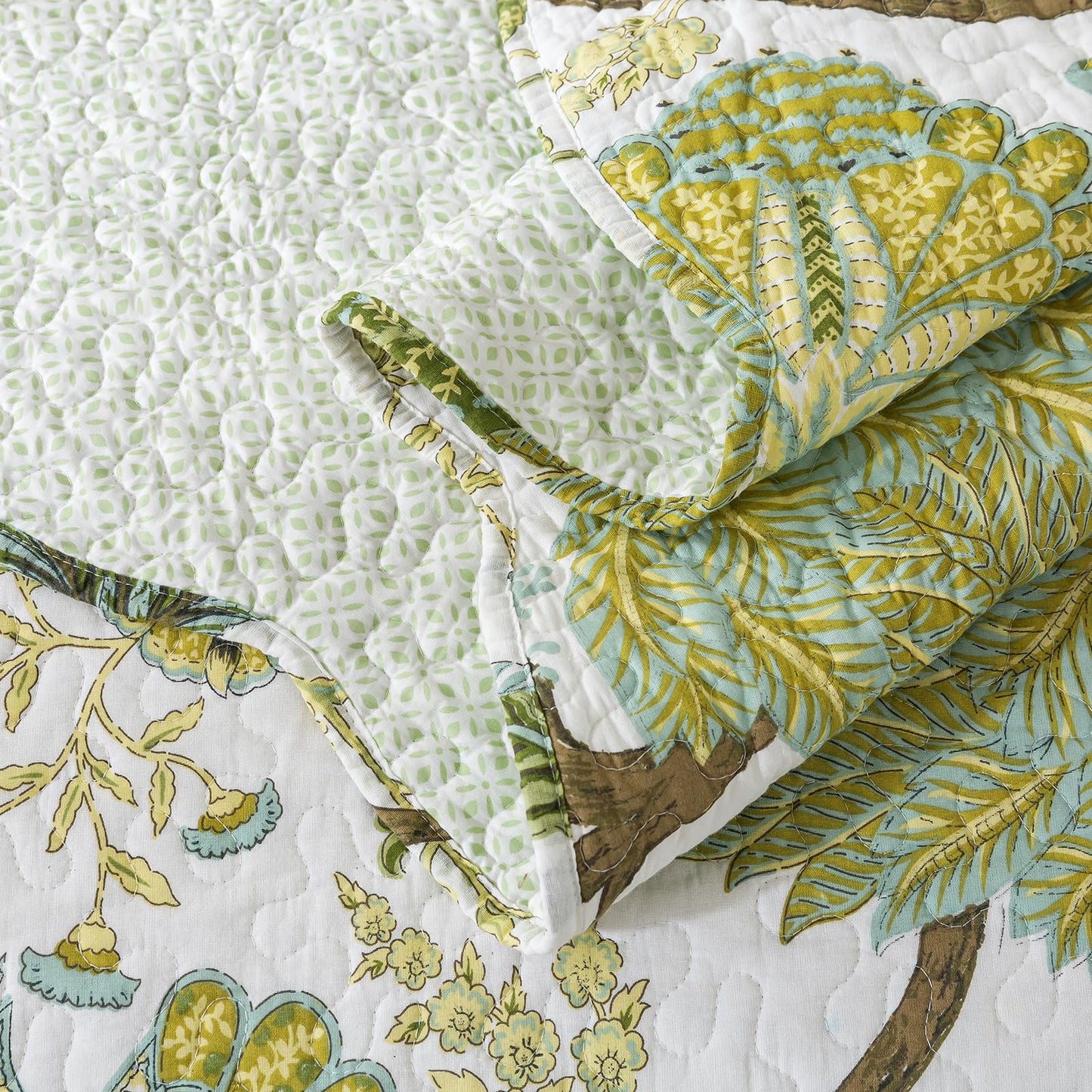 Travan 3-Piece Quilt Set Quilted Bedspread Cotton Coverlet Set Floral Oversized Quilted Bedding Set for All Season, White Vine, King Size