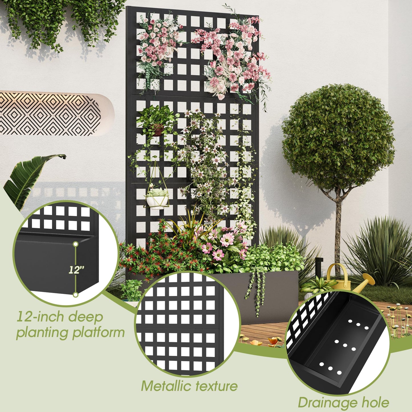 UPHYB Metal Planter Box with Trellis, 71"x 35"x 16" Raised Garden Bed with Trellis, Planter Box Trellis with Privacy Screen and Drainage Holes, Black
