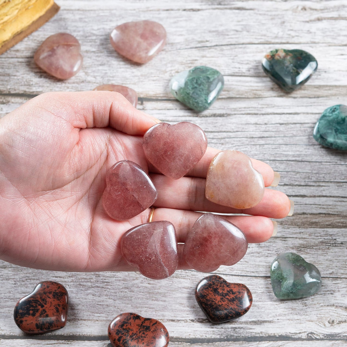 Crocon 5 Pcs Strawberry Quartz Heart stone 25mm Mini Heart Shape gemstone Puff Stones Set 400+ Carats Pocket Crystal Healing Tumble Collection Palm Worry Stone Good Luck Meditation Gift Home Decor