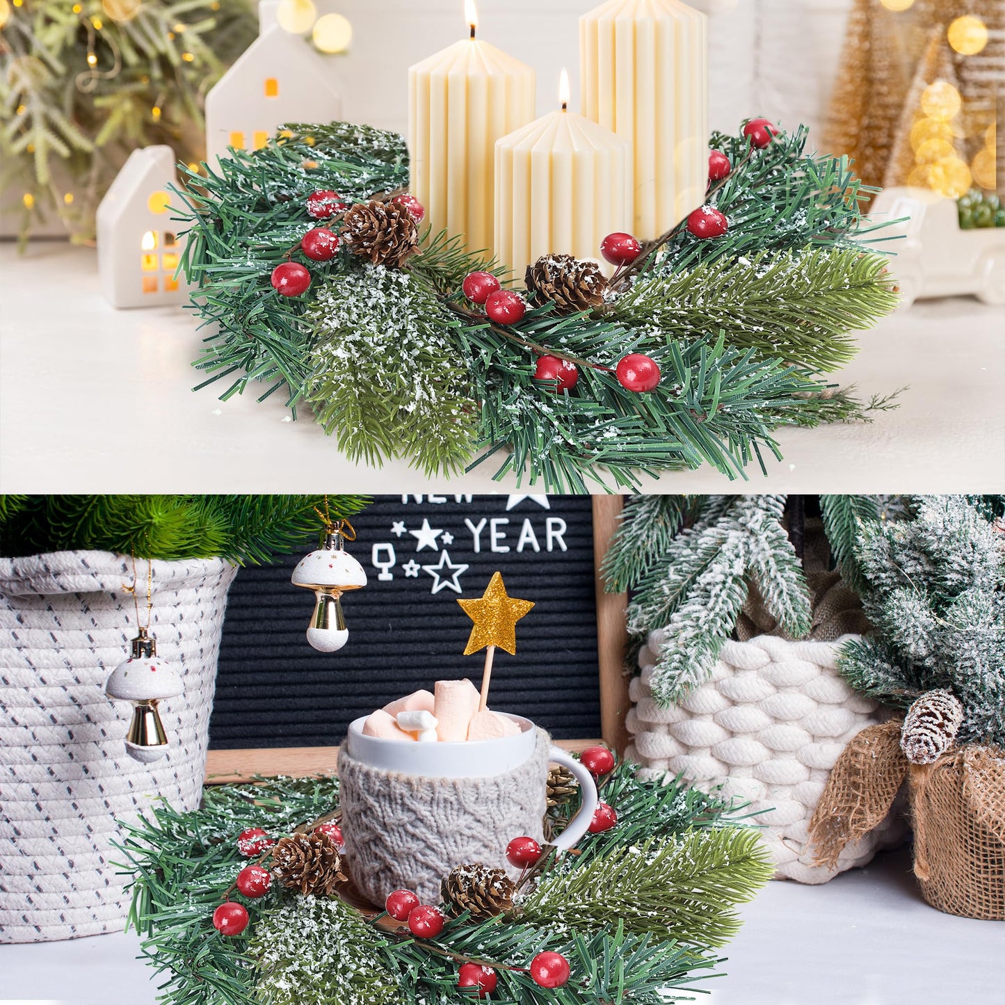 Sggvecsy 4 Pcs Christmas Candle Rings Norfolk Pine Wreath Table Centerpieces Artificial Red Berries Pinecones Small Wreaths Kitchen Cabinets Pillars Mini Candle Rings for Window Front Door Decor