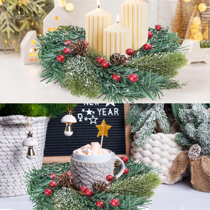 Sggvecsy 4 Pcs Christmas Candle Rings Norfolk Pine Wreath Table Centerpieces Artificial Red Berries Pinecones Small Wreaths Kitchen Cabinets Pillars Mini Candle Rings for Window Front Door Decor