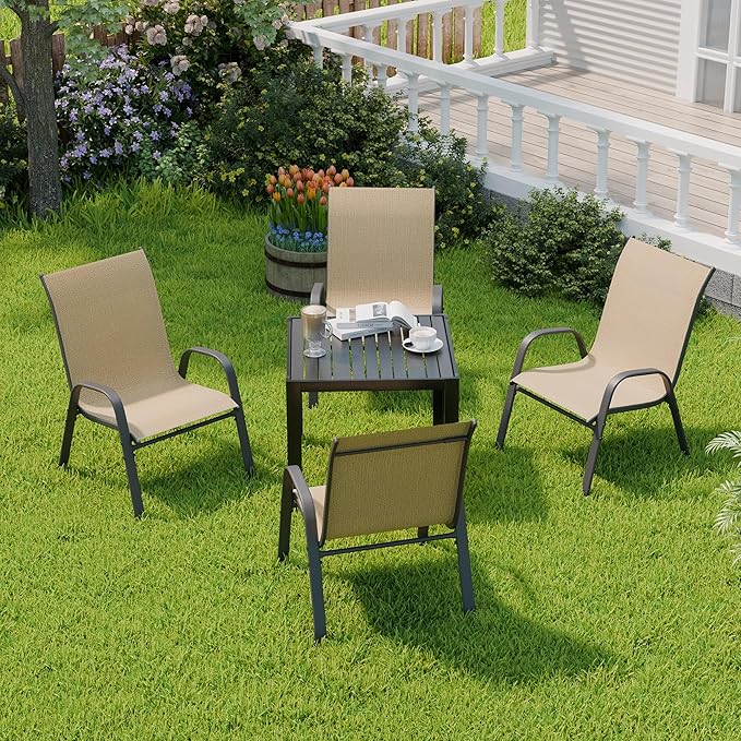 Patio Chairs Set of 4, Outdoor Dining Chairs Stackable for All Weather, Breathable Metal Modern Outside Furniture Chair for Pool Side, Garden, Backyard Deck, Brown