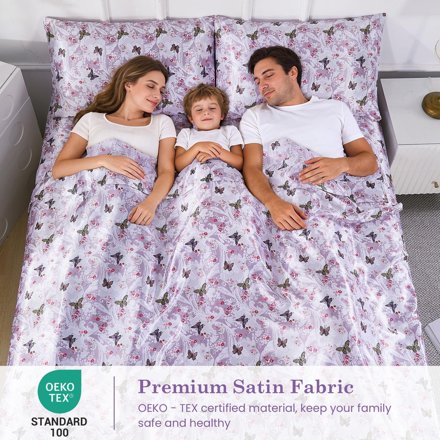 lasoftan Paisley Floral Satin Sheets King, Silky Butterfly Printed Fitted Bed Sheet with 15" Deep Pocket & Non-Slip Straps, Luxury Hotel Satin Summer Cooling Sheets & Pillowcase Set, Purple