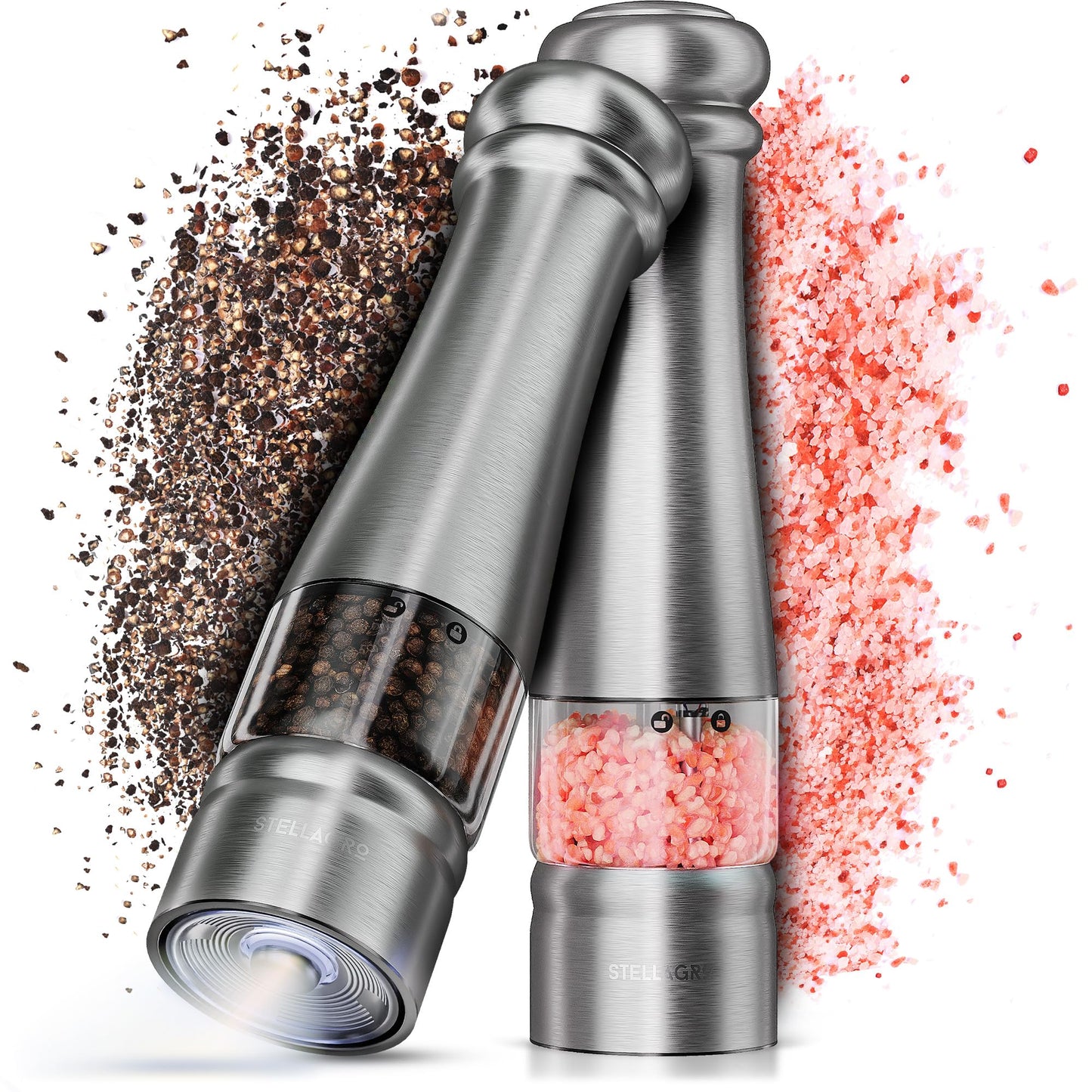 Electric Salt and Pepper Grinder Set, Battery Operated Grinders with Adjustable Coarseness, LED Light, One-Hand Operation, Refillable Stainless Steel Mills
