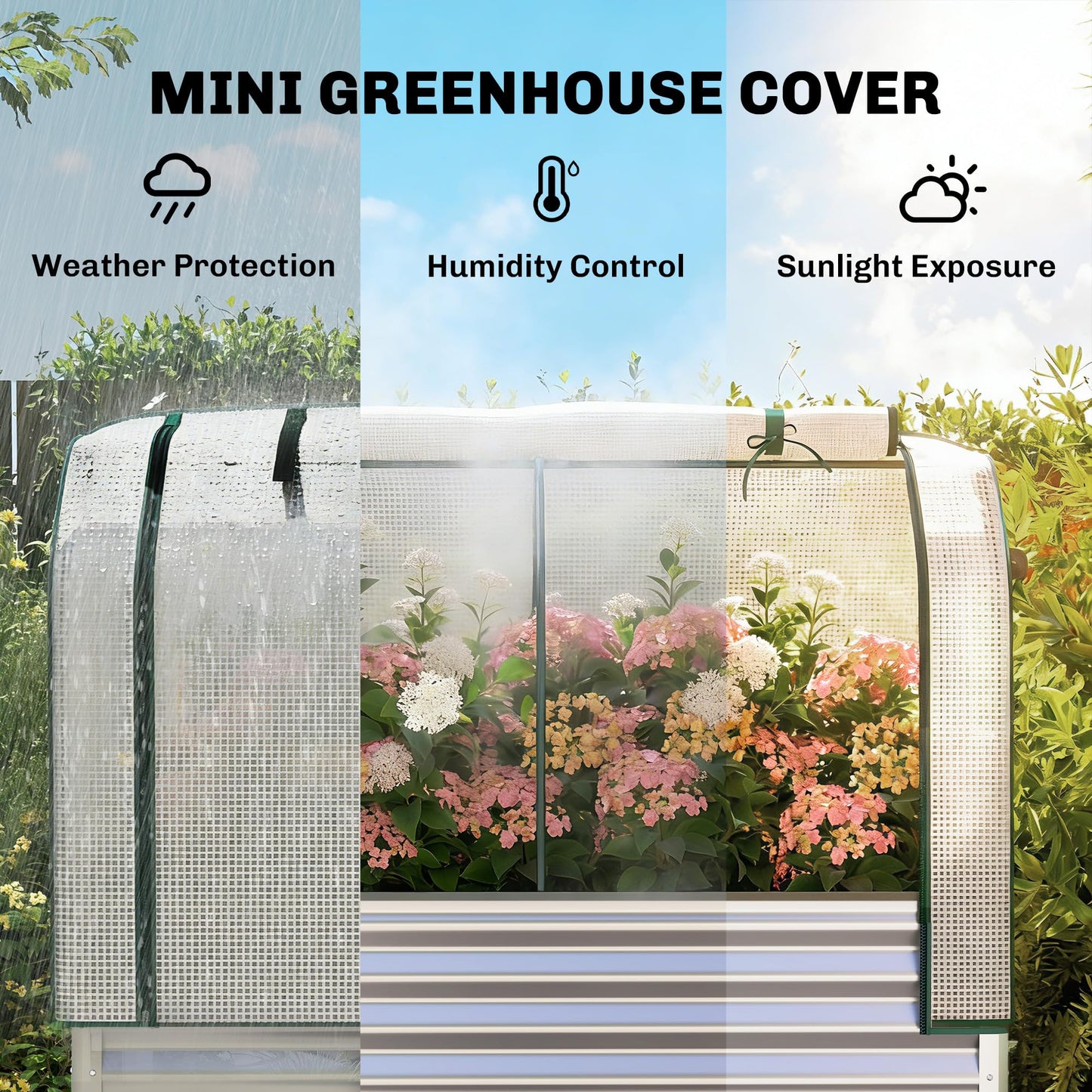 Outsunny Galvanised Raised Garden Bed with Greenhouse Cover, Metal Elevated Garden Bed with Legs, Bed Liner and Bottom Shelf, Outdoor Raised Planter Box for Vegetables, Herbs, Flowers, Silver