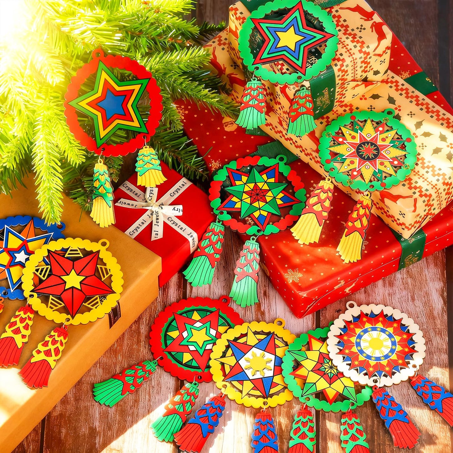 24 Pcs Christmas Parol Lantern Filipino Wooden Philippine Christmas Ornaments for Tree Decorations Hanging Ornaments Traditional Capiz Star Pendant Sign for Xmas Gift Home Window Holiday Decor Navidad