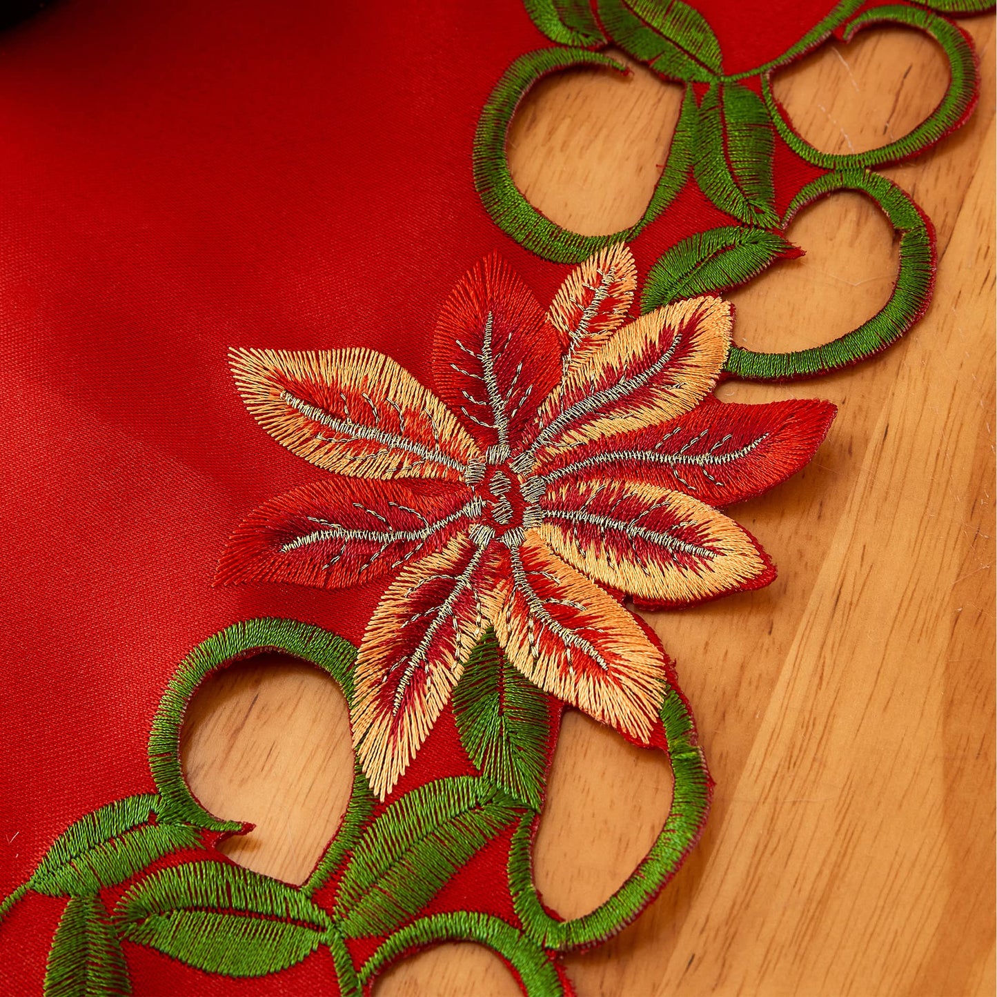 AMARED Christmas Embroidered Table Runner Cutwork Green Leaves Holiday Table Linens for Christmas Decorations 15x69 Inch