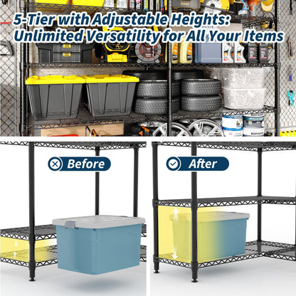 5-Shelf Heavy Duty Metal Storage Rack, 71" Wide Adjustable Wire Shelving with 1325 lbs Load Capacity, L-Shaped Design for Garage, Kitchen, Pantry, Basement, and Warehouse, 70.5" H x 15.8" D