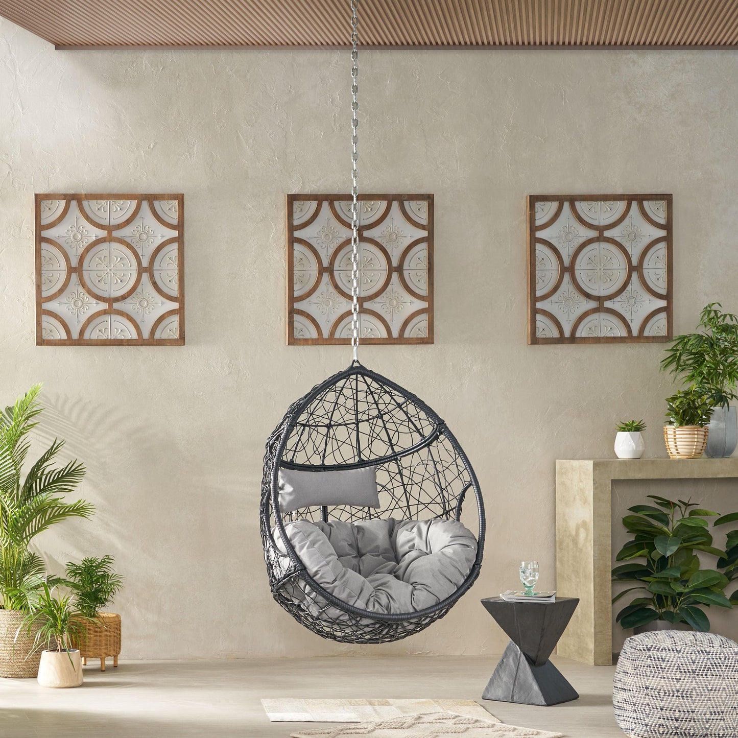 Merax Modern PE Wicker Egg Hanging Chair with Cushion, Outdoor Swing Rattan Chair for Balcony Bedroom, Backyard Gray+Black