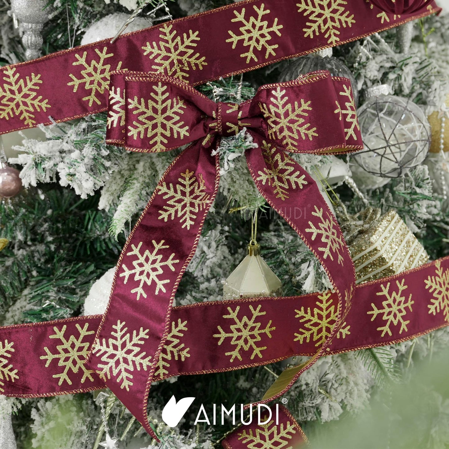 AIMUDI Burgundy and Gold Christmas Velvet Ribbon Wired 2.5 Inch Glitter Snowflake Wired Ribbon for Wreaths, Christmas Tree, Gift Wrapping, Garland, Holiday Crafts, Topper Bows, 10 Yards